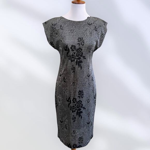 Vintage 90s Black Floral Metallic Bodycon Mini Dress size 9 - Picture 2 of 11